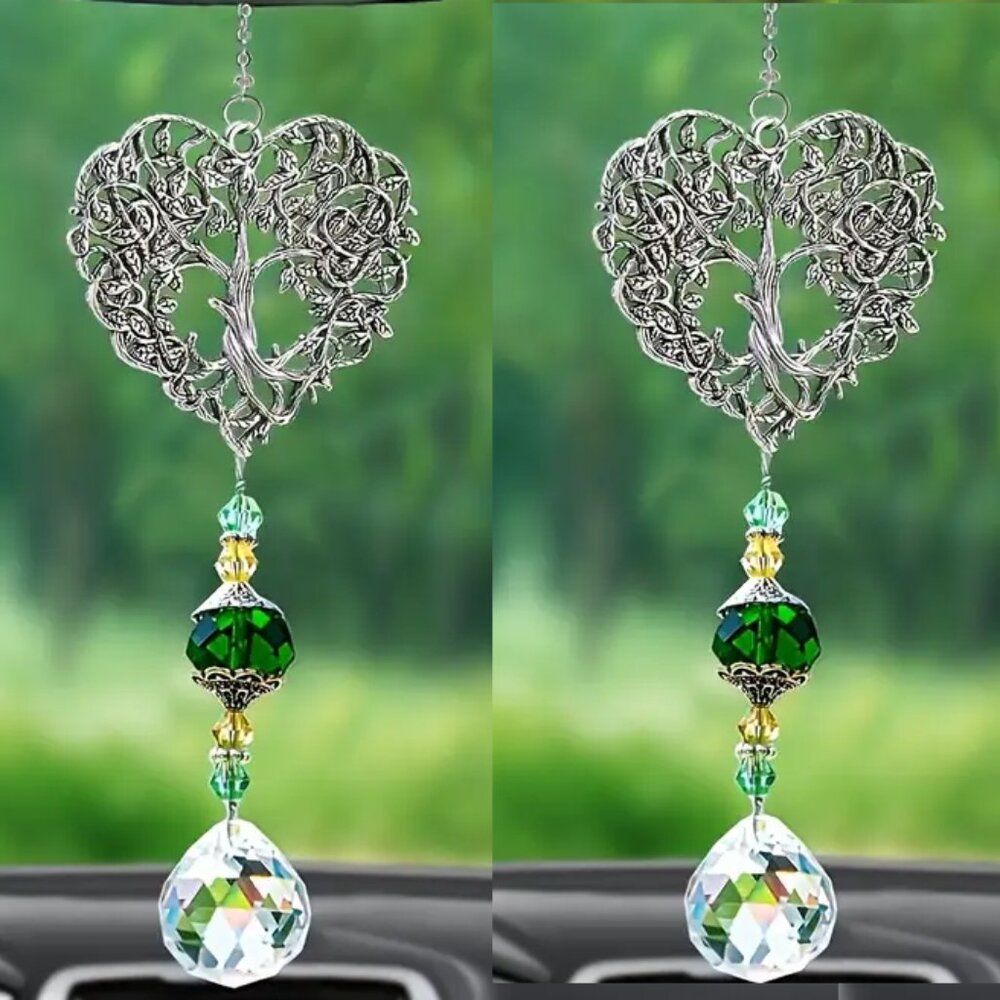 SET of 2 Heart-Shaped Tree of Life Glass Crystal Sun Catcher, Hanging Ornament